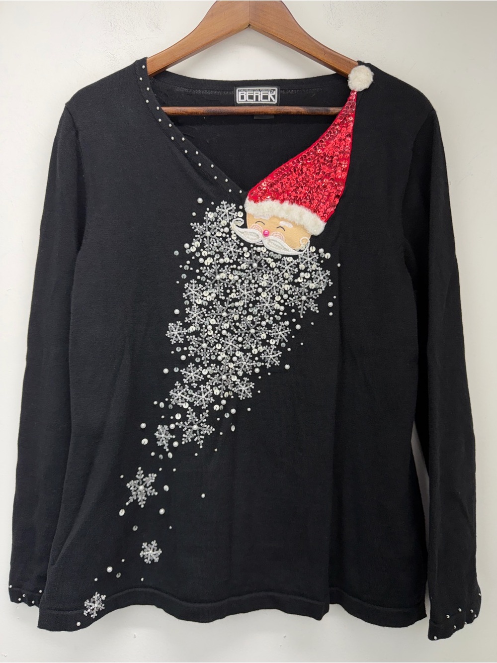 Vintage Berek size XL Women’s Black Knit Sequin Santa Claus Holiday Sweater
